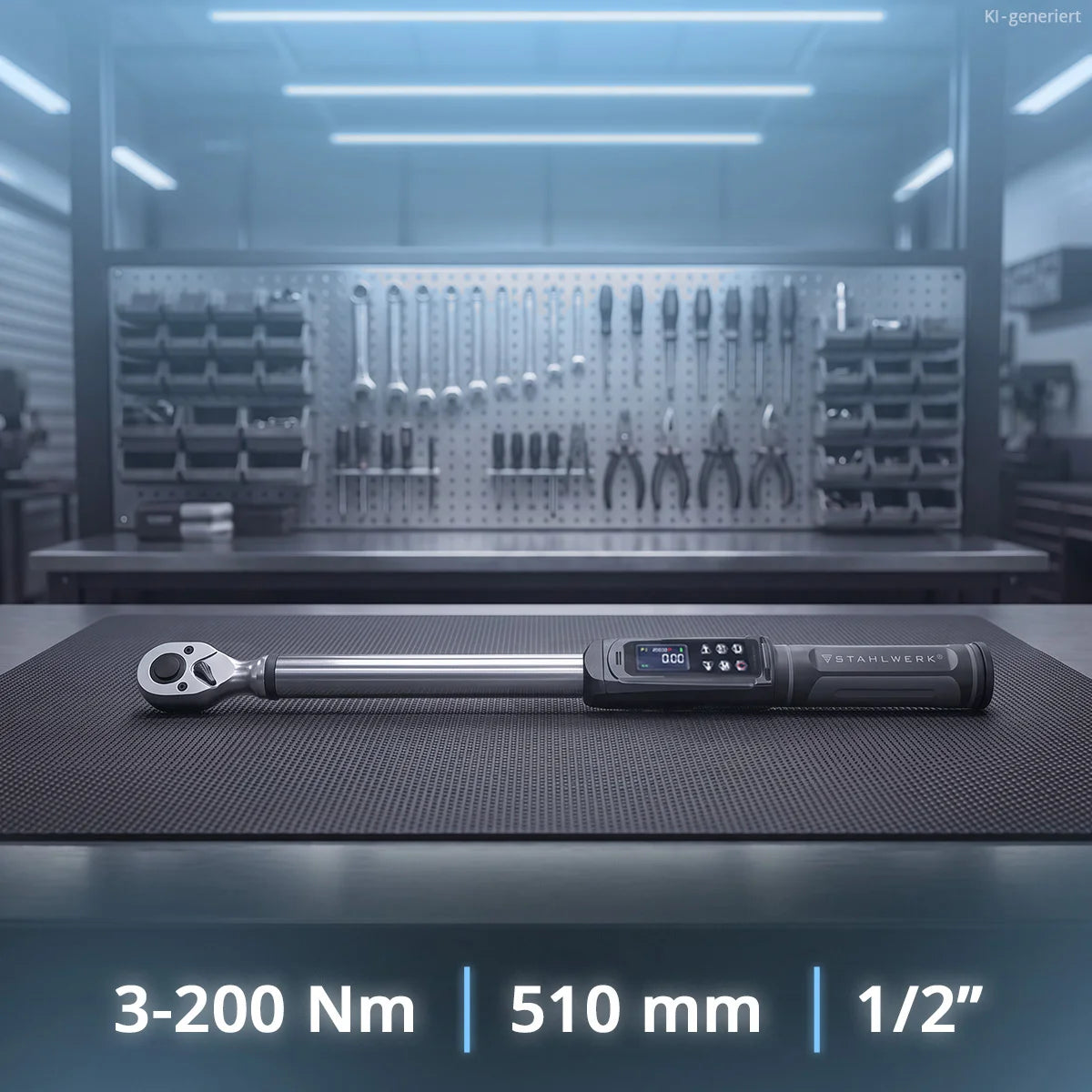 STAHLWERK Digitaler Drehmomentschlüssel 3-200 Nm 1/2“-Aufnahme | 72 Zähne | 510 mm | mit Eichzertifikat| Umschaltknarre | Ratschenschlüssel | Ratsche | LED-Anzeige und Transportbox