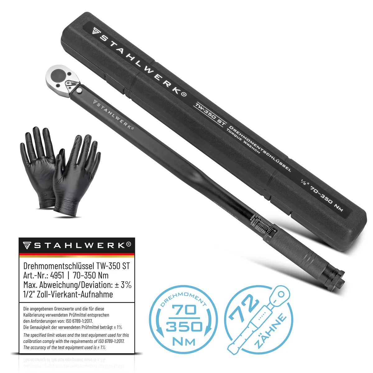 Steelworks Torque Wrench TW-350 ST 70-350 NM 1/2 “Custion Switching Crack | Ratchet Keys | Ratchet | Crunch con escala de micrómetro