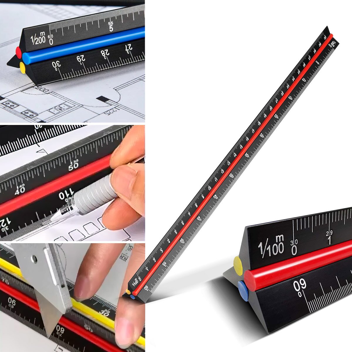 STAHLWERK Dreikant-Lineal 3er Set 30 cm mit metrischen Skalen im Maßstab 1:100 | 1:200 | 1:300 | 1:400 | 1:500 | 1:600 dreieckiger Aluminium-Maßstab | Dreikant-Maßstab | Architekten-Lineal