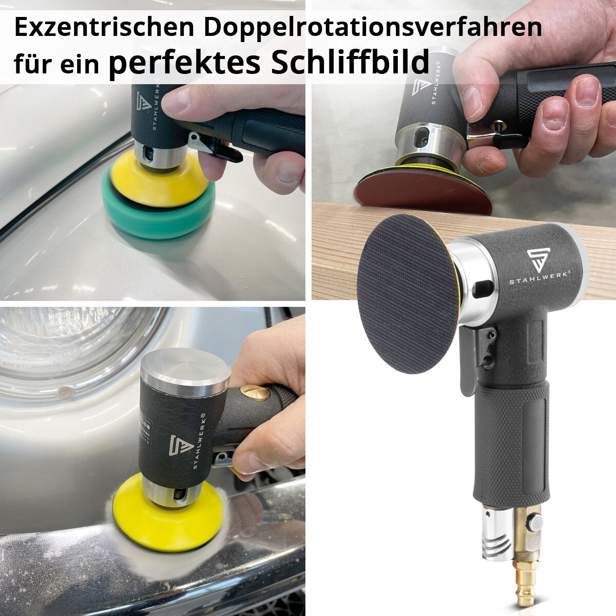 STAHLWERK Druckluft-Exzenterschleifer Set OSK-150 ST bis 15.000 U/min stufenlos regulierbarer Druckluft-Schleifer | Schleifgerät | Rotationsschleifer | Schleif- und Poliermaschine mit Zubehör