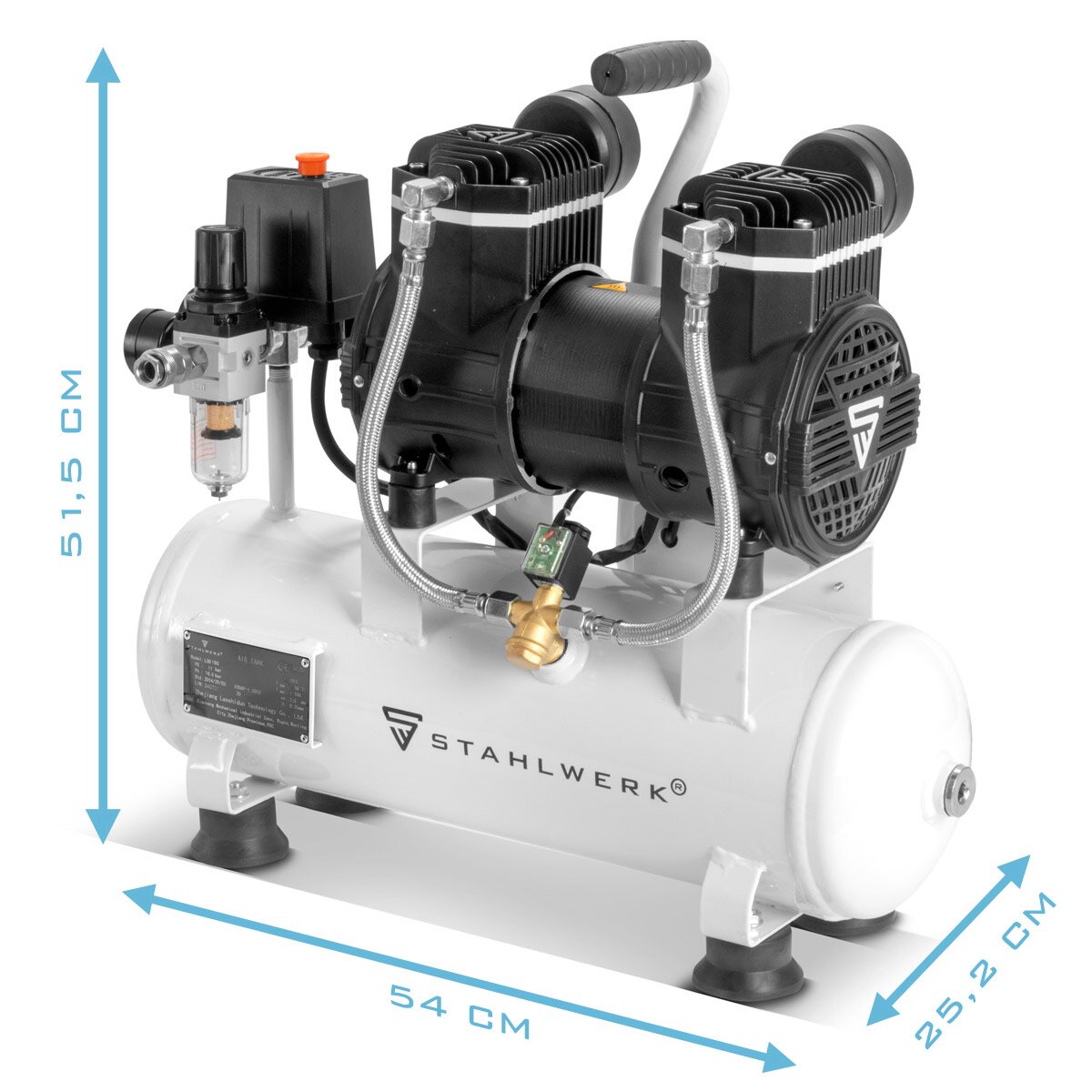 Compressore aria compresso in acciaio ST 110 PRO, Compressore whisper con 10 bar, serbatoio da 10 L, 69 dB e motori senza spazzole senza usura con un'uscita di 2,17 CV / 1.600 watt