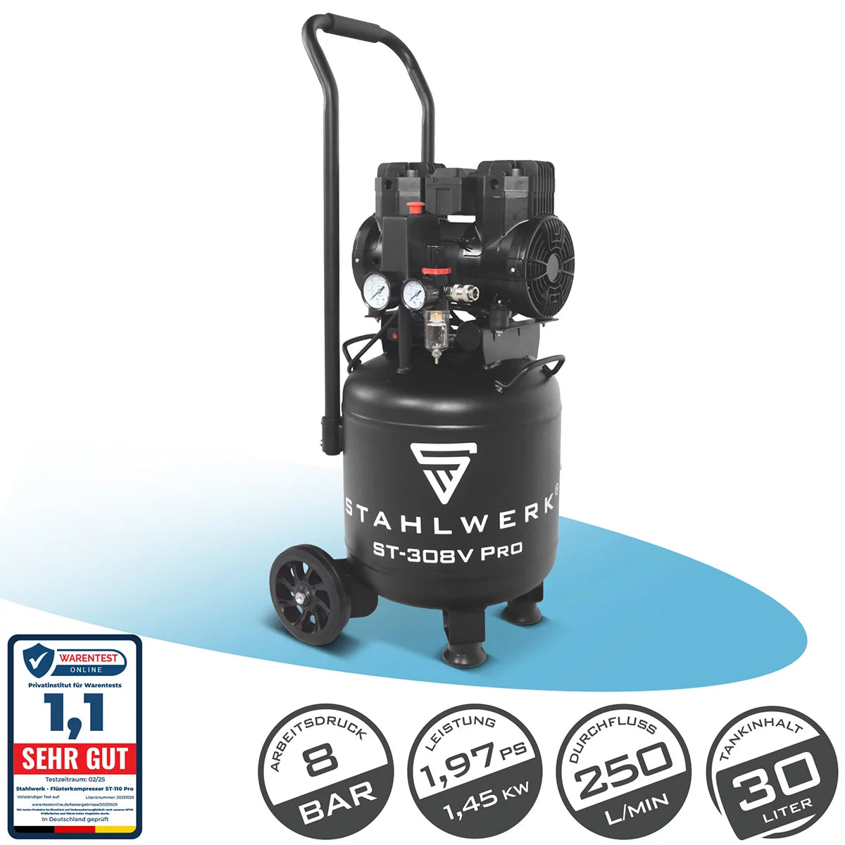 STAHLWERK compressor ST-308V Pro with 8 bar | 1.97 HP | 1.45kW | 250 l/min | 30L tank | Compact compressed air compressor | Piston compressor | Silent compressor | Whisper compressor with brushless motor