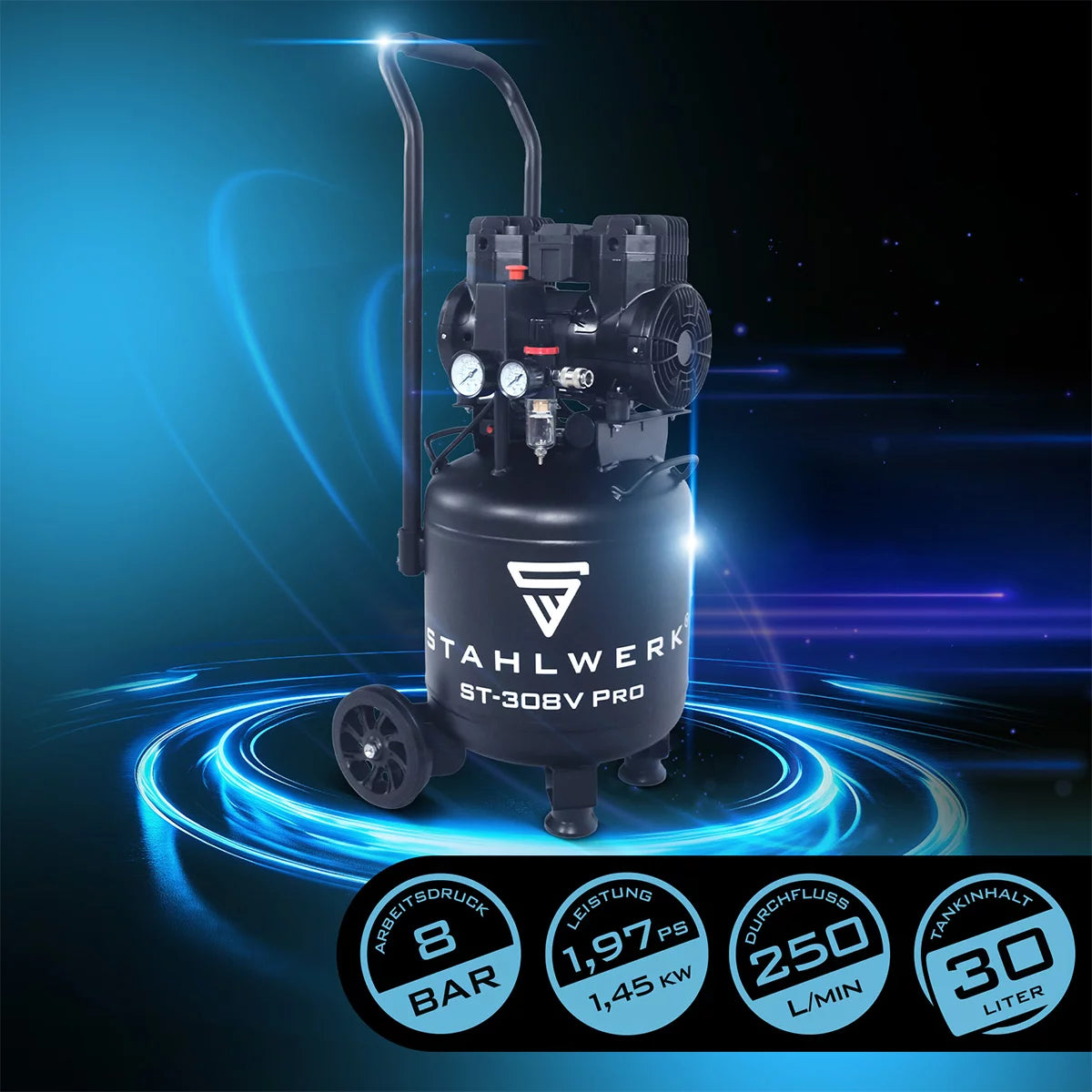 STAHLWERK compressor ST-308V Pro with 8 bar | 1.97 HP | 1.45kW | 250 l/min | 30L tank | Compact compressed air compressor | Piston compressor | Silent compressor | Whisper compressor with brushless motor