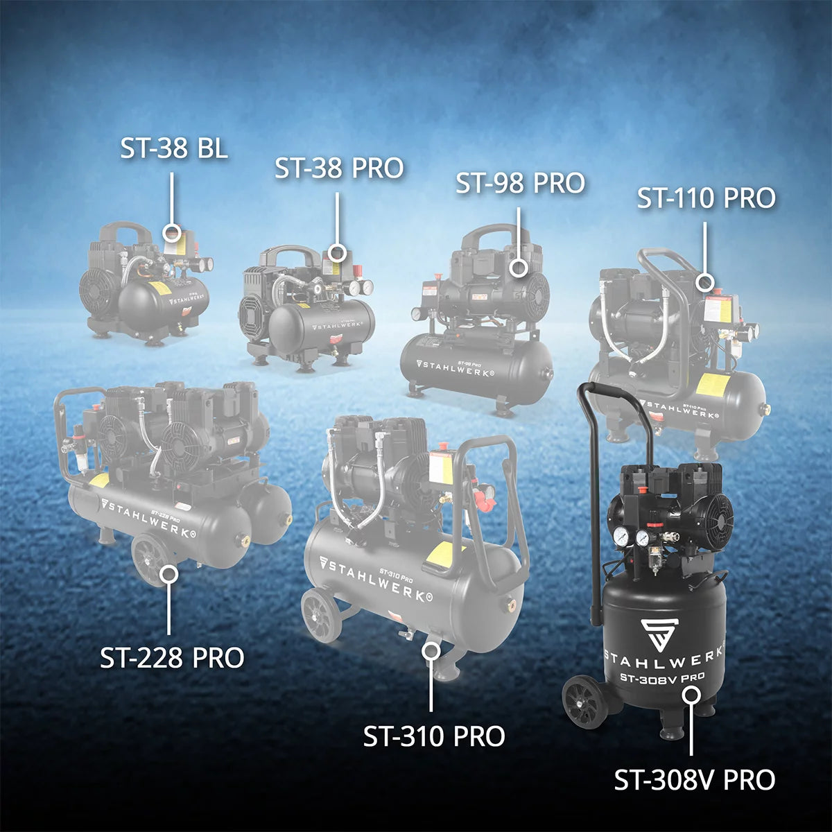 Compressore STAHLWERK ST-308V Pro con 8 bar | 1,97 CV | 1,45kW| 250 l/min | Serbatoio da 30 litri | Compressore d'aria compressa compatto | Compressore a pistone | Compressore silenzioso | Compressore Whisper con motore brushless