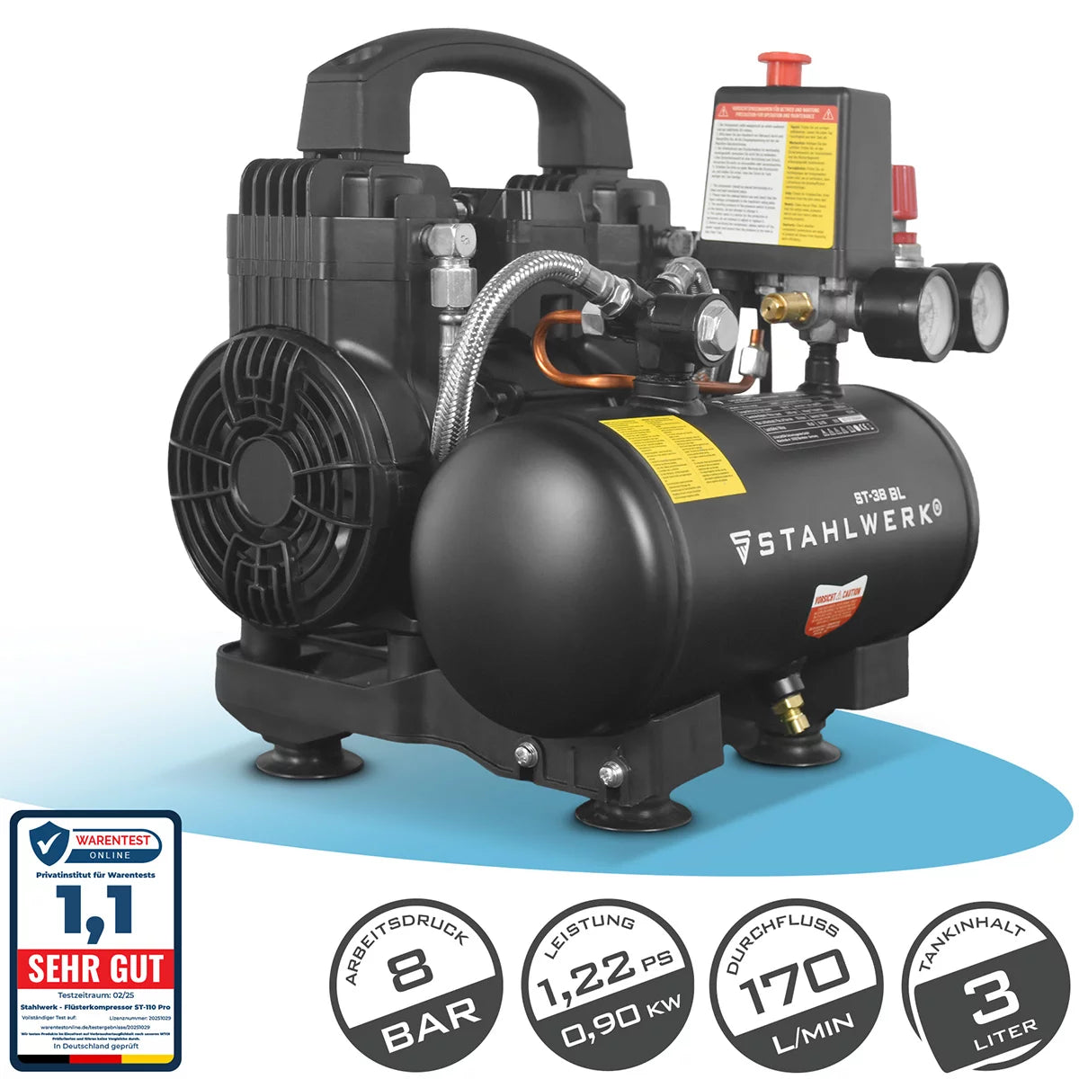 STAHLWERK compressor ST-38 BL with 8 bar | 1.22 hp | 0.90kW | 170 l/min | 3 L tank oil-free compressed air compressor | Piston compressor | Silent compressor | Whisper compressor with brushless motors