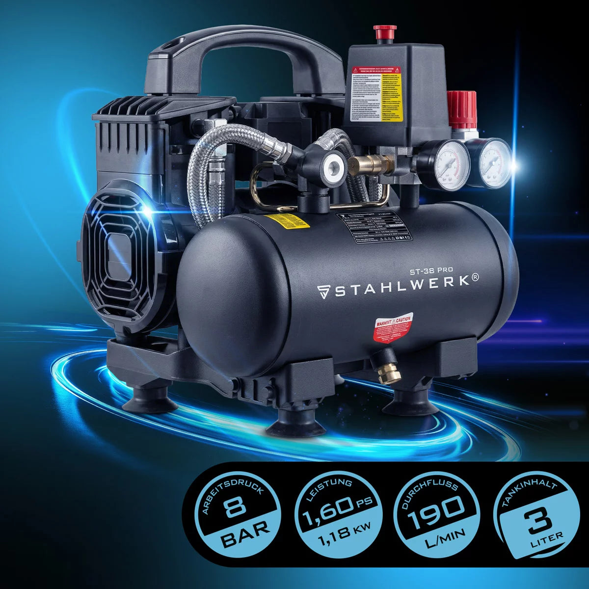STAHLWERK compressor ST-38 Pro with 8 bar | 1.60 HP | 1.18kW | 190 l/min | 3 L tank oil-free compressed air compressor | Piston compressor | Silent compressor | Whisper compressor with brushless motors