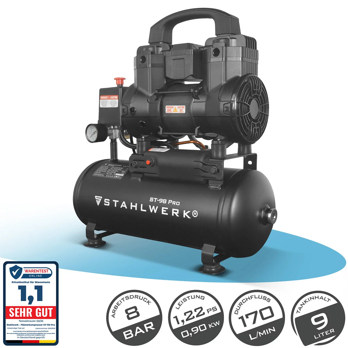 STAHLWERK compressor ST-98 Pro with 8 bar | 1.22 hp | 0.90kW | 170 l/min | 9 L tank oil-free compressed air compressor | Piston compressor | Silent compressor | Whisper compressor with brushless motors