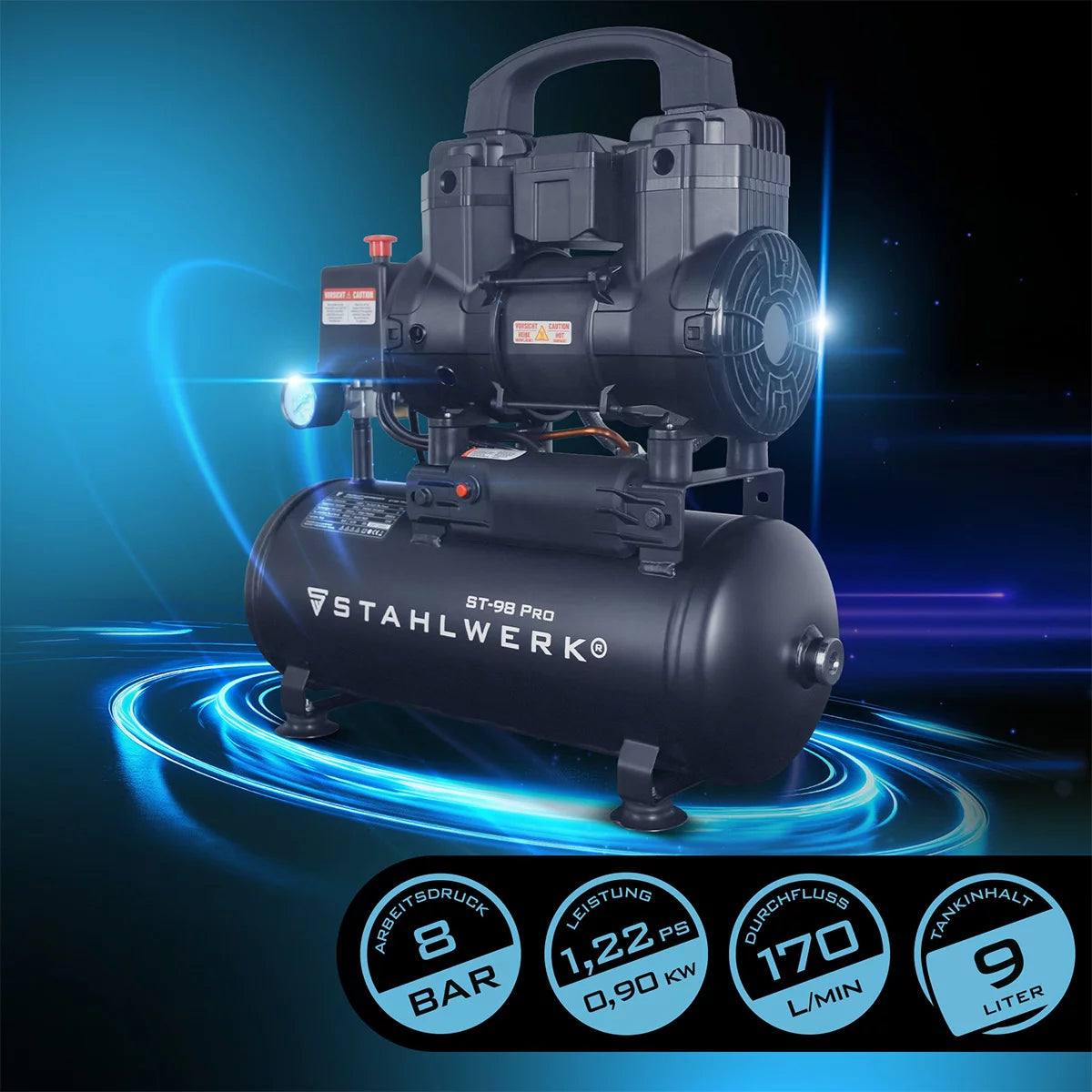 STAHLWERK compressor ST-98 Pro with 8 bar | 1.22 hp | 0.90kW | 170 l/min | 9 L tank oil-free compressed air compressor | Piston compressor | Silent compressor | Whisper compressor with brushless motors