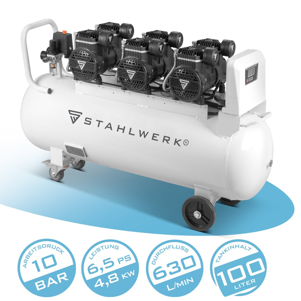 Steelworks compressor ST-1010 Pro with 10 bar | 6.5 PS | 4.8 kW | 630 l/min | 100 l tank of oil-free compressed air compressor | Piston compressor | Silent compressor | Whisper compressor with brushless engines