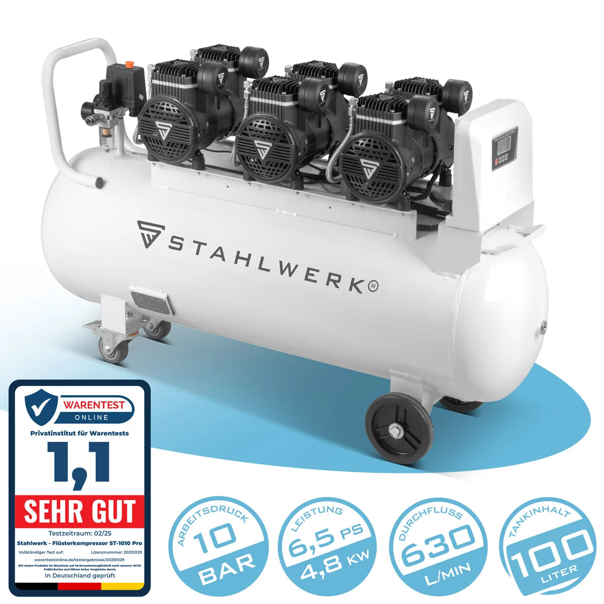 Steelworks compressor ST-1010 Pro with 10 bar | 6.5 PS | 4.8 kW | 630 l/min | 100 l tank of oil-free compressed air compressor | Piston compressor | Silent compressor | Whisper compressor with brushless engines