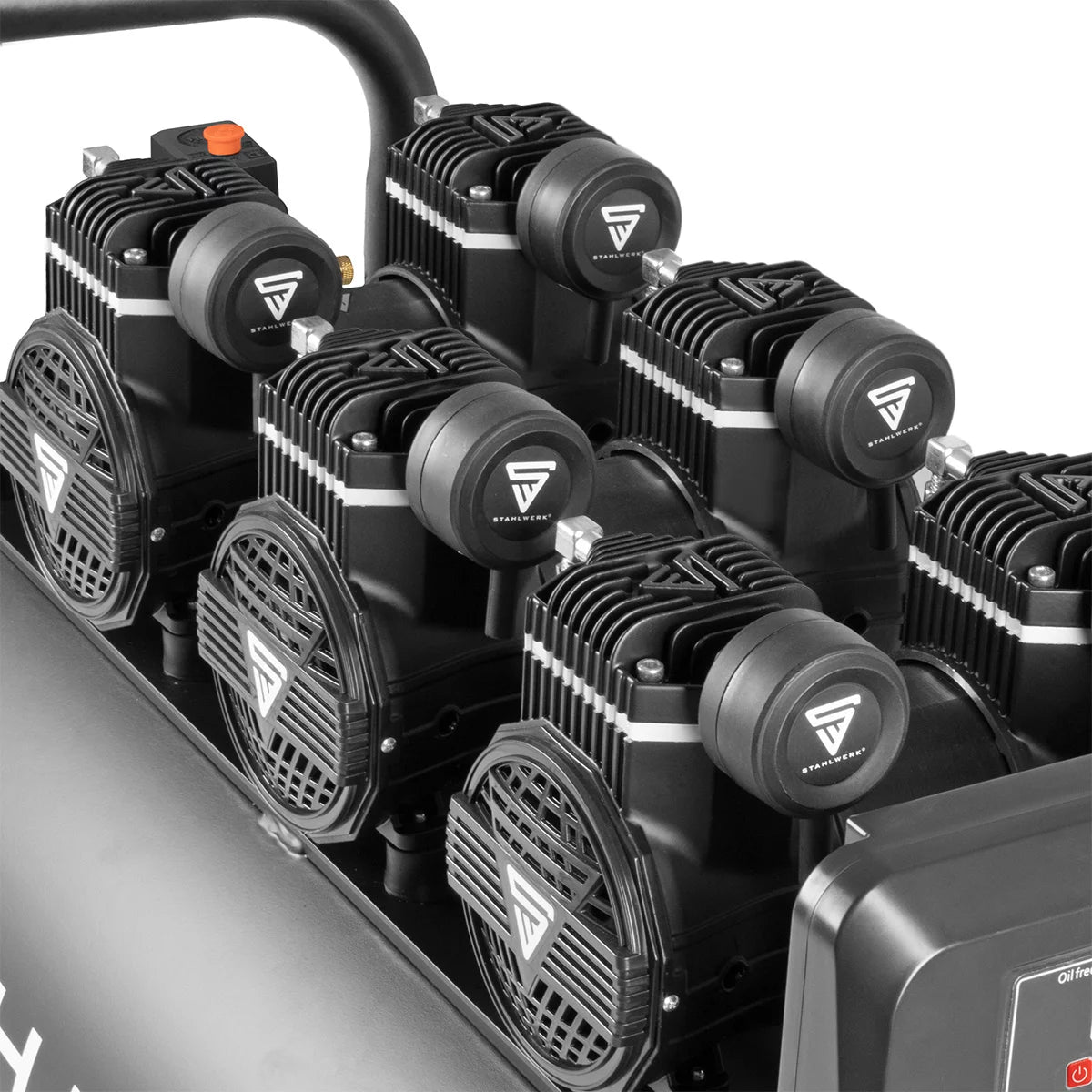 STAHLWERK Kompressor ST-1010 Pro mit 10 bar | 6,5 PS | 4,8 kW | 630 l/min | 100 l Tank ölfreier Druckluft-Kompressor | Kolben-Kompressor | Silent-Kompressor | Flüster-Kompressor mit Brushless-Motoren