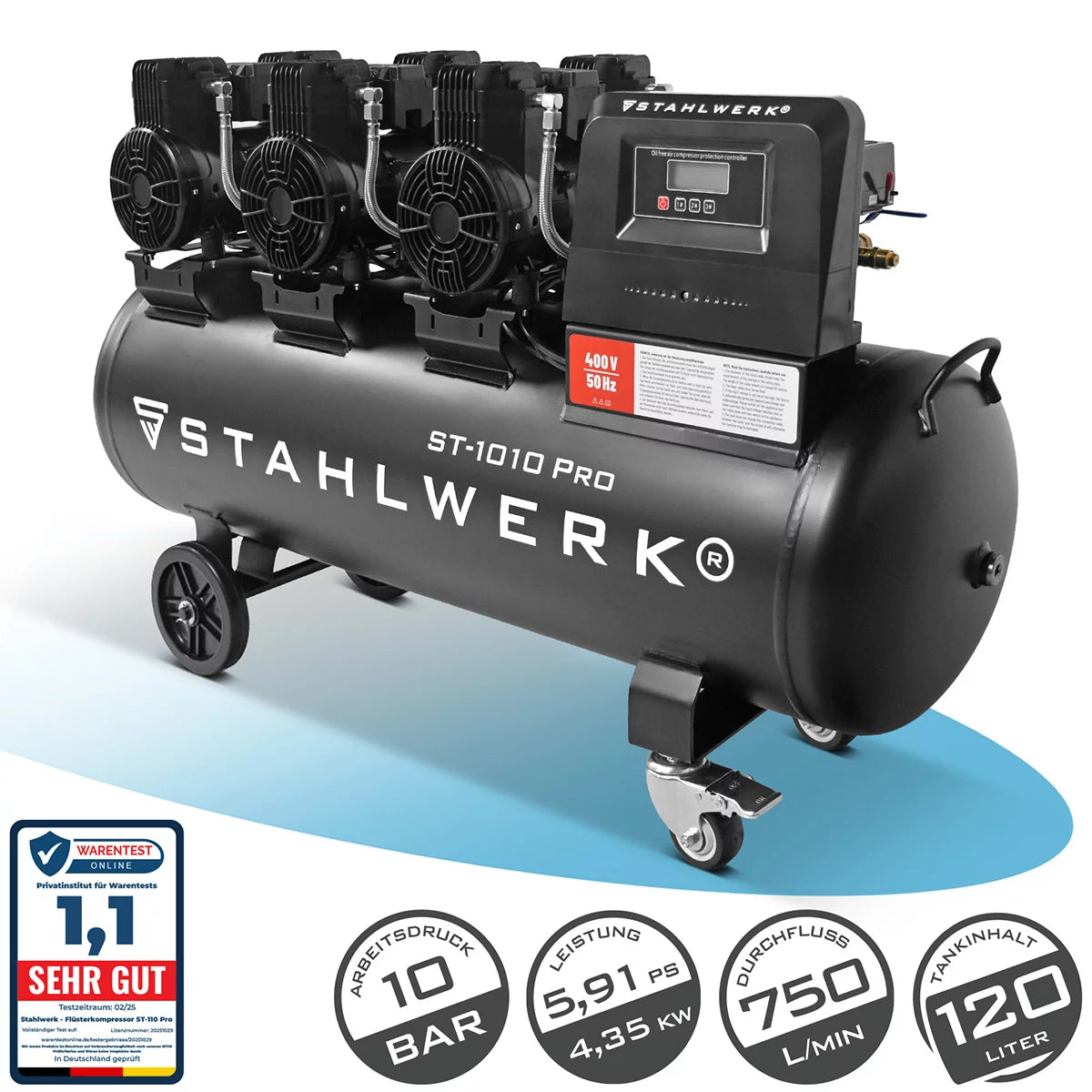 STAHLWERK compressor ST-1010 Pro with 10 bar | 5.91 hp | 4.35kW | 750 l/min | 120 L tank oil-free compressed air compressor | Piston compressor | Silent compressor | Whisper compressor with brushless motors