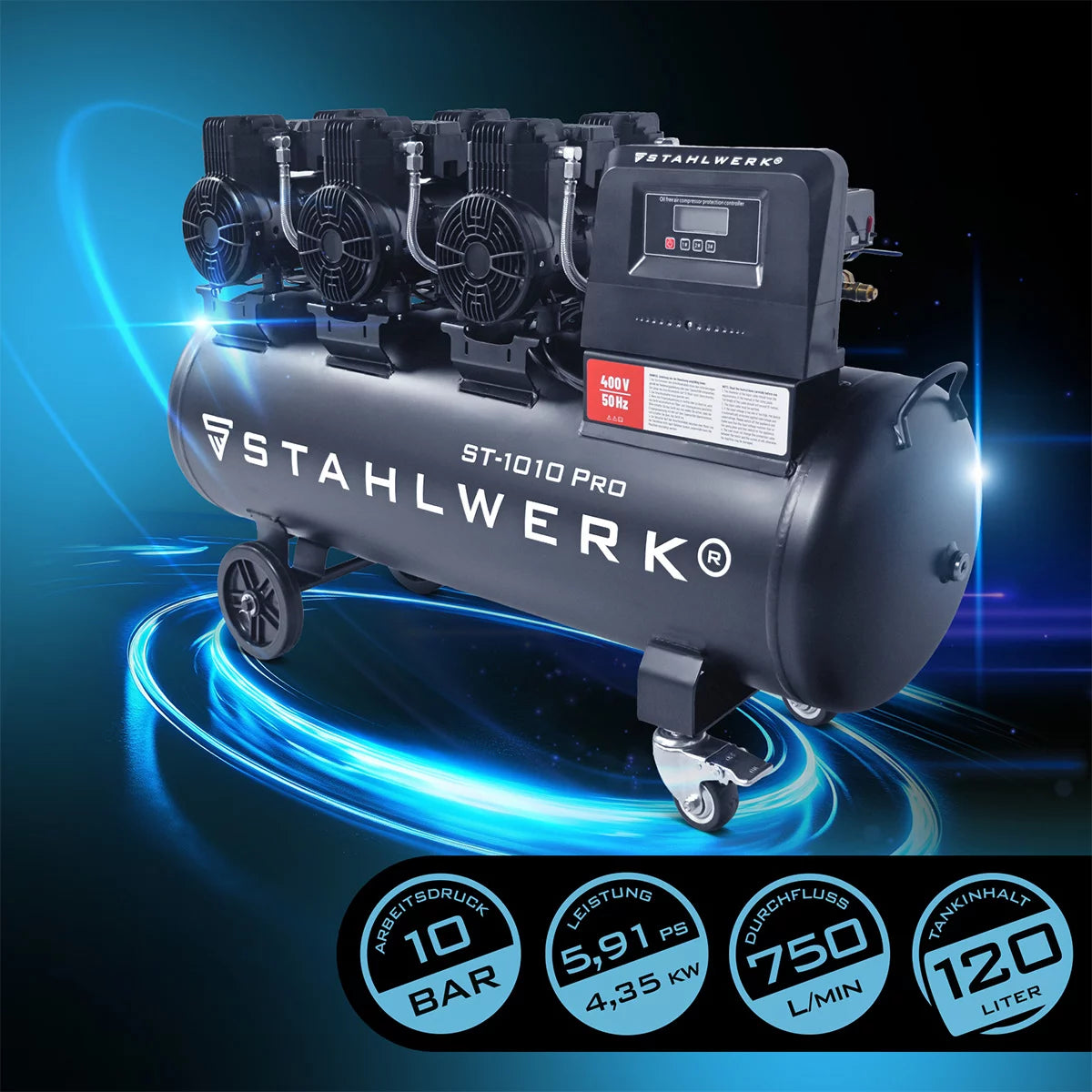 STAHLWERK compressor ST-1010 Pro with 10 bar | 5.91 hp | 4.35kW | 750 l/min | 120 L tank oil-free compressed air compressor | Piston compressor | Silent compressor | Whisper compressor with brushless motors