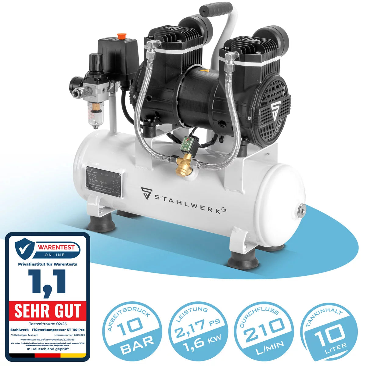 Stahlwerk compressor ST-1110 Pro with 10 bar | 2.1 PS | 1.6 kW | 210 l/min | 10 L Tank of oil-free compressed air compressor | Piston compressor | Silent compressor | Whisper compressor with brushless engines