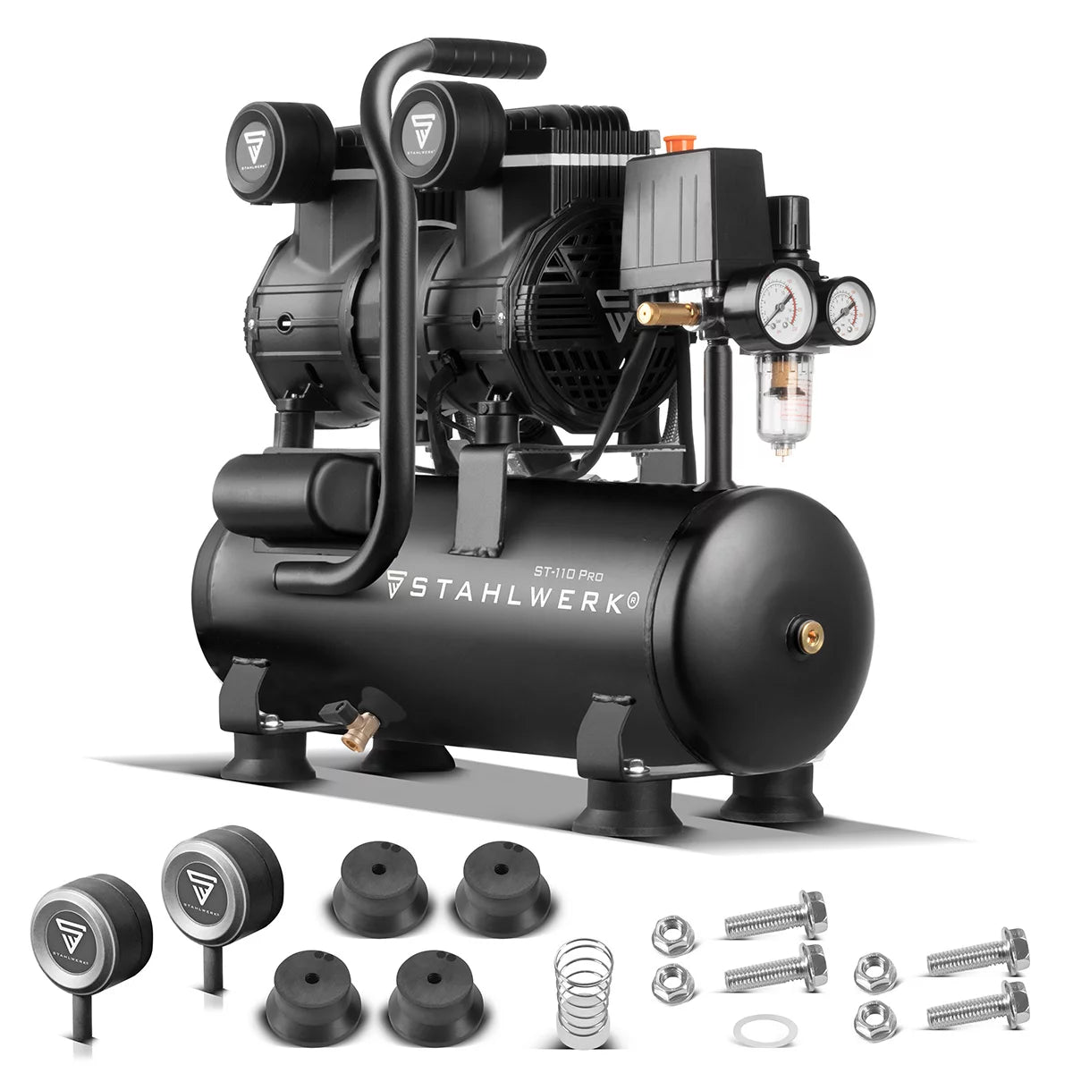 STAHLWERK Kompressor ST-110 Pro mit 10 bar | 2,1 PS | 1,6 kW | 210 l/min | 10 l Tank ölfreier Druckluft-Kompressor | Kolben-Kompressor | Silent-Kompressor | Flüster-Kompressor mit Brushless-Motoren