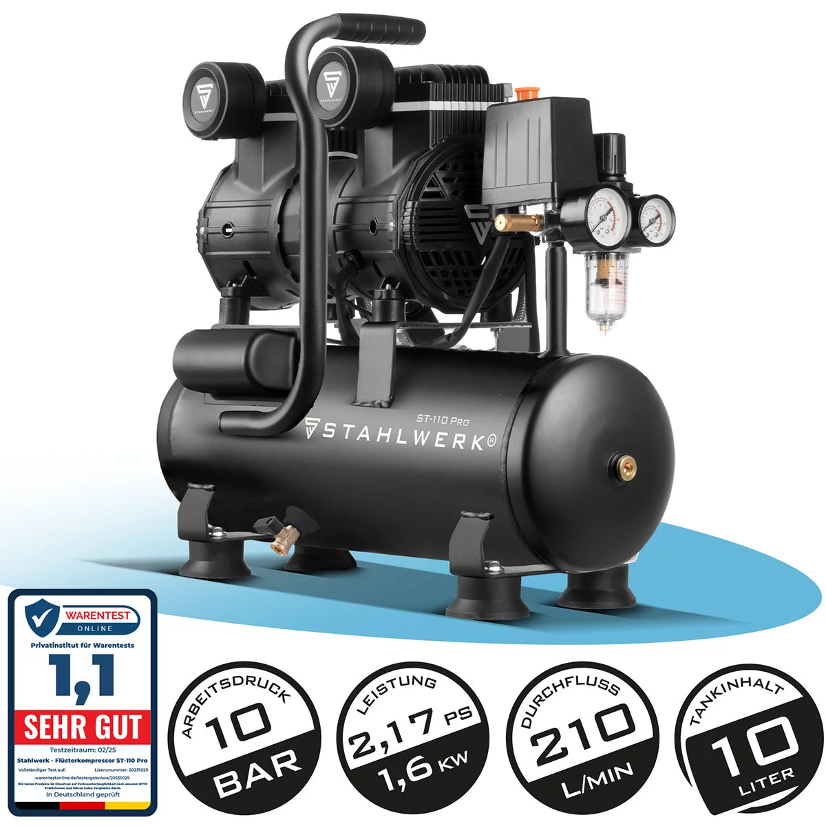 STAHLWERK Kompressor ST-110 Pro mit 10 bar | 2,1 PS | 1,6 kW | 210 l/min | 10 l Tank ölfreier Druckluft-Kompressor | Kolben-Kompressor | Silent-Kompressor | Flüster-Kompressor mit Brushless-Motoren