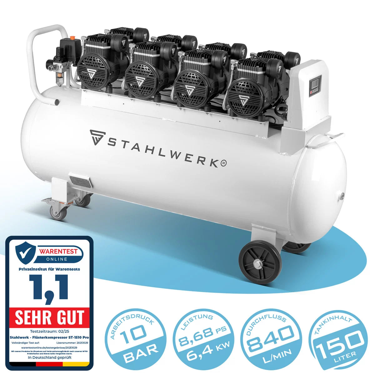 Steelworks compressor ST-1510 Pro with 10 bar | 8.6 PS | 6.4 kW | 840 l/min | 150 l Tank of oil-free compressed air compressor | Piston compressor | Silent compressor | Whisper compressor with brushless engines