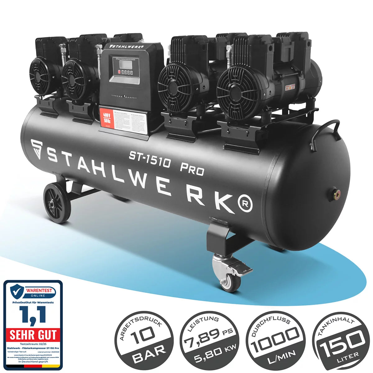 STAHLWERK compressor ST-1510 Pro with 10 bar | 7.89 hp | 5.80 kW | 1000 l/min | 150 L tank oil-free compressed air compressor | Piston compressor | Silent compressor | Whisper compressor with brushless motors