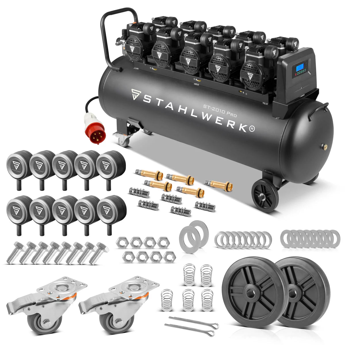 STAHLWERK Kompressor ST-2010 Pro mit 10 bar | 10,8 PS | 8 kW | 1050 l/min | 200 l Tank ölfreier Druckluft-Kompressor | Kolben-Kompressor | Silent-Kompressor | Flüster-Kompressor mit Brushless-Motoren