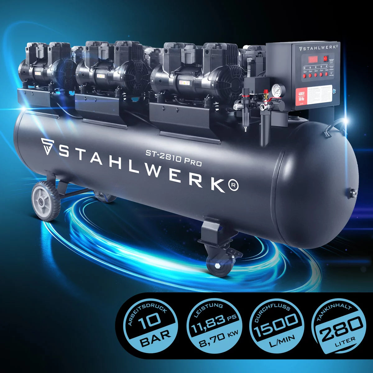 STAHLWERK compressor ST-2810 Pro with 10 bar | 11.83 hp | 8.70 kW | 1500 l/min | 280 L tank oil-free compressed air compressor | Piston compressor | Silent compressor | Whisper compressor with brushless motors