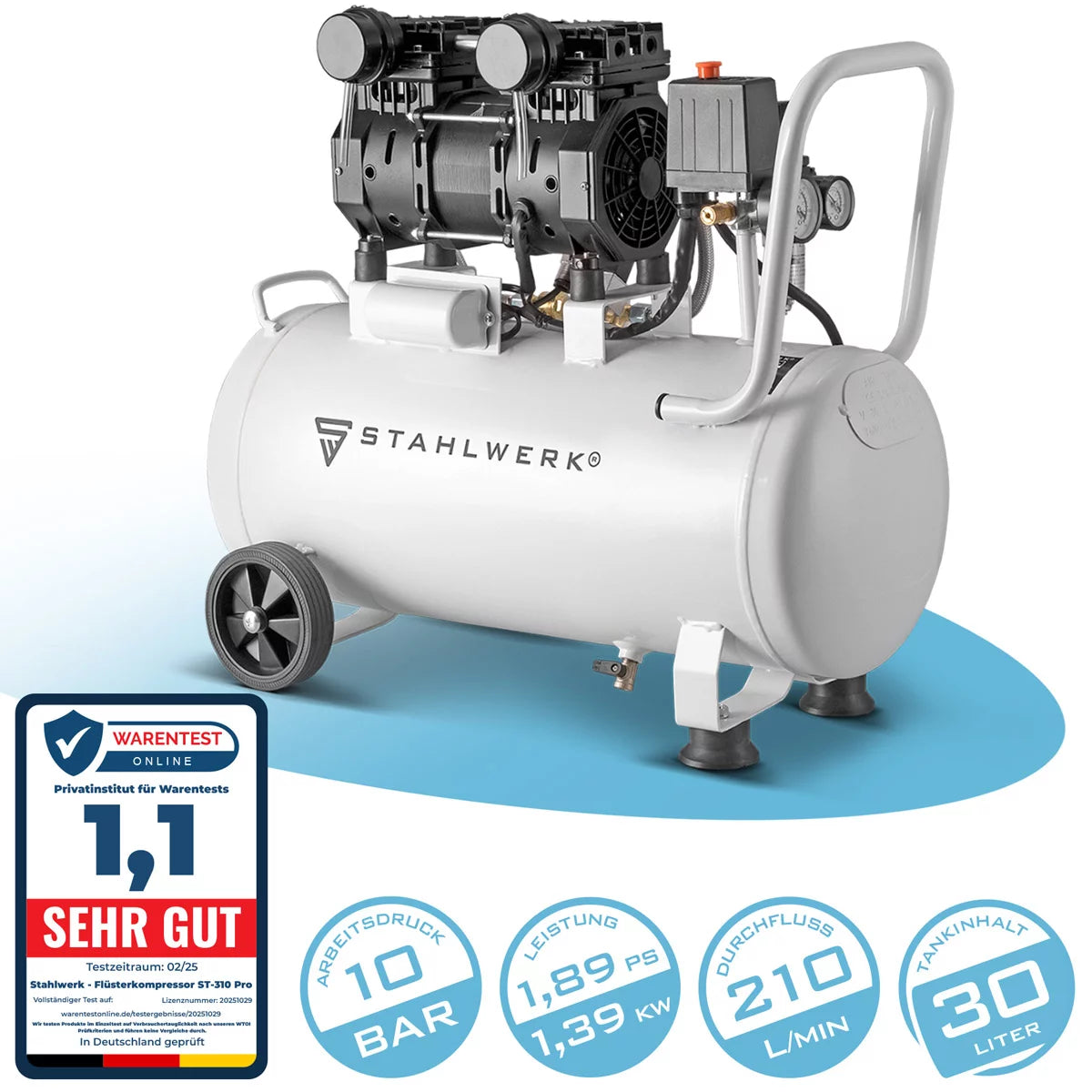 Steelworks compressor ST-310 Pro with 10 bar | 2.1 PS | 1.6 kW | 210 l/min | 30 L Tank of oil-free compressed air compressor | Piston compressor | Silent compressor | Whisper compressor with brushless engines