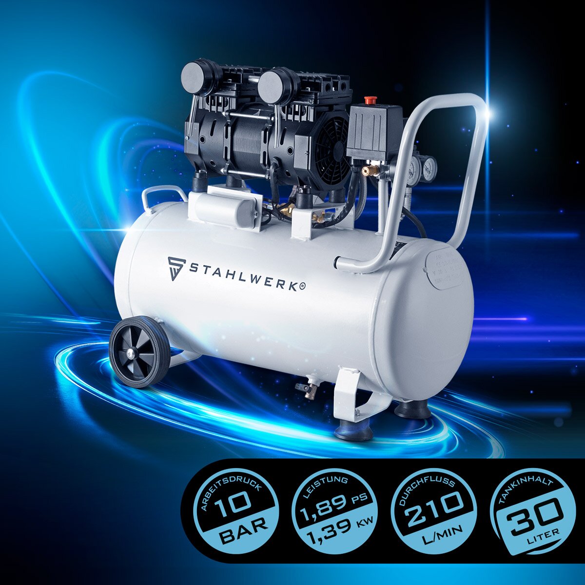 Steelworks Compressor ST-310 Pro con 10 bar | 2.1 PS | 1.6 KW | 210 l/min | Tanque de 30 L de compresor de aire comprimido sin aceite | Compresor de pistón | Compresor silencioso | Compresor de susurros con motores sin escobillas