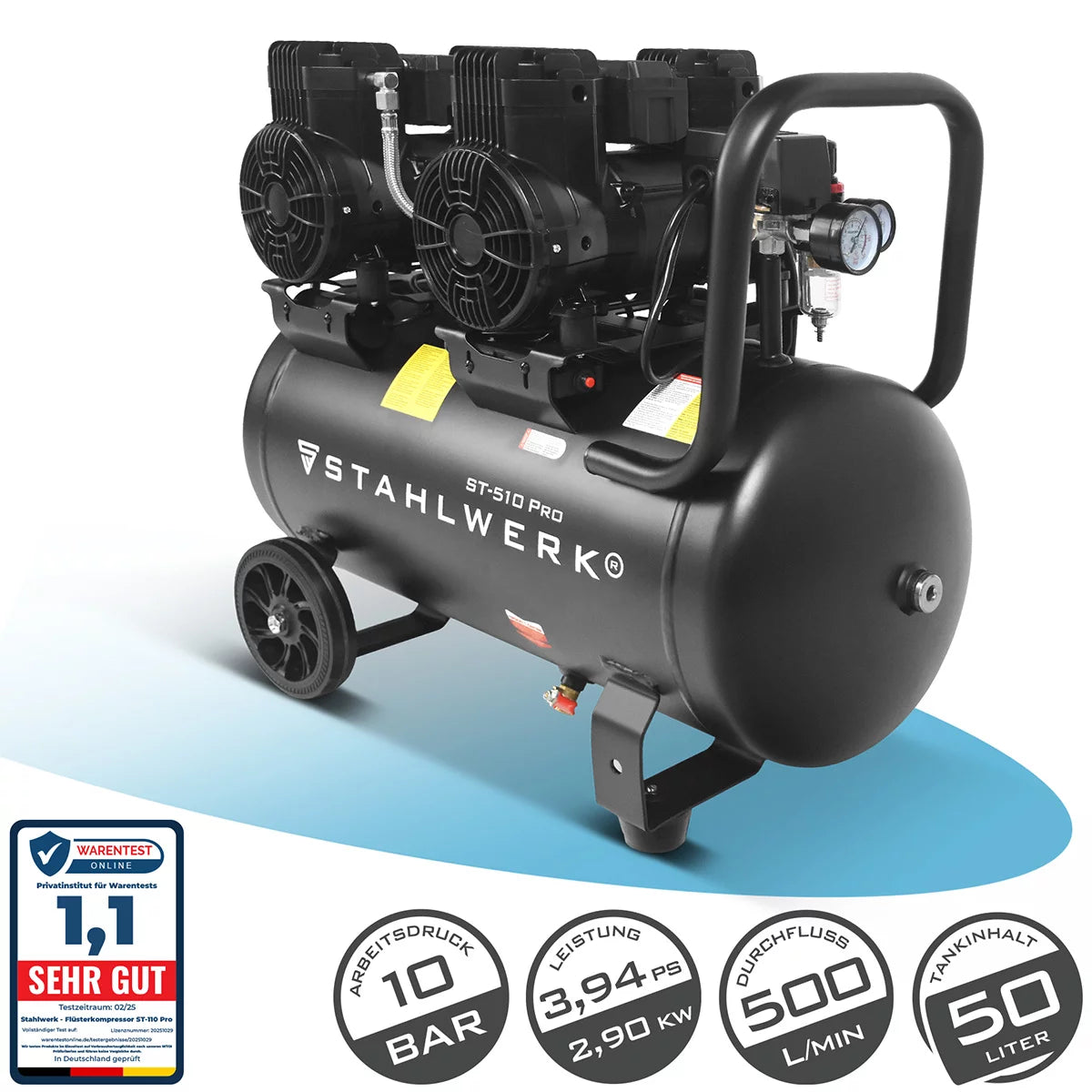 STAHLWERK compressor ST-510 Pro with 10 bar | 3.94 hp | 2.9kW | 500 l/min | 50 L tank oil-free compressed air compressor | Piston compressor | Silent compressor | Whisper compressor with brushless motors