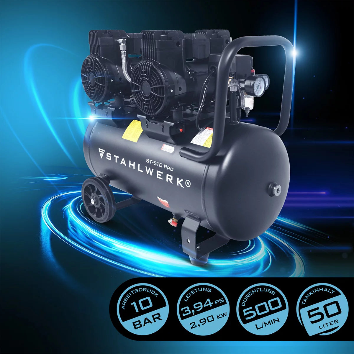 STAHLWERK compressor ST-510 Pro with 10 bar | 3.94 hp | 2.9kW | 500 l/min | 50 L tank oil-free compressed air compressor | Piston compressor | Silent compressor | Whisper compressor with brushless motors