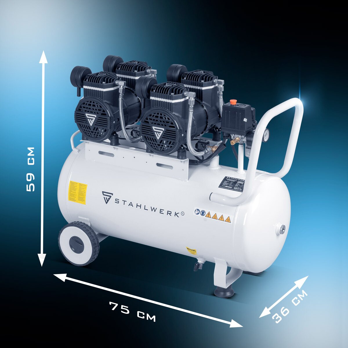 Steelworks compressor ST-510 Pro with 10 bar | 4.3 PS | 3.2 kW | 420 l/min | 50 l Tank of oil-free compressed air compressor | Piston compressor | Silent compressor | Whisper compressor with brushless engines