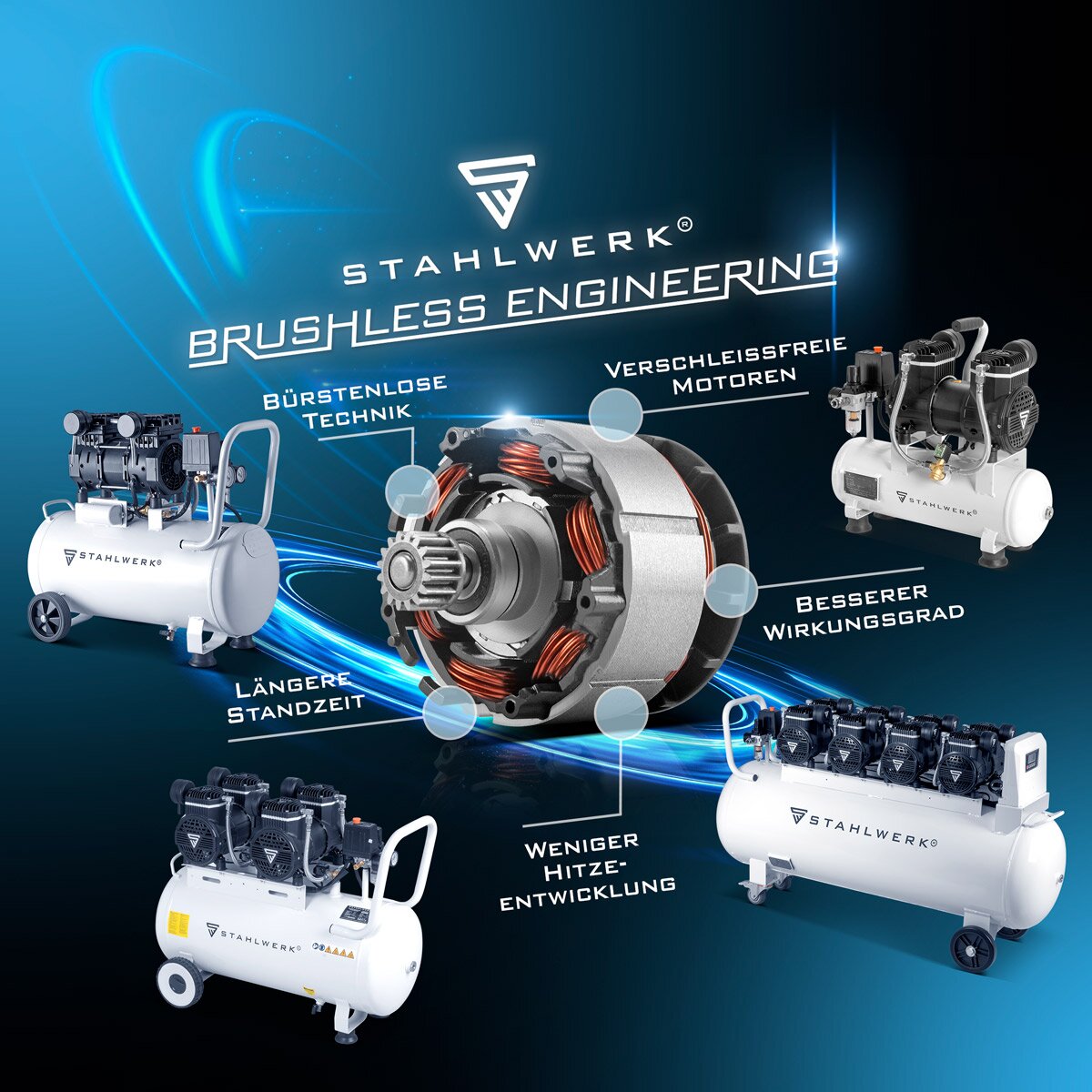 Steelworks compressor ST-510 Pro with 10 bar | 4.3 PS | 3.2 kW | 420 l/min | 50 l Tank of oil-free compressed air compressor | Piston compressor | Silent compressor | Whisper compressor with brushless engines