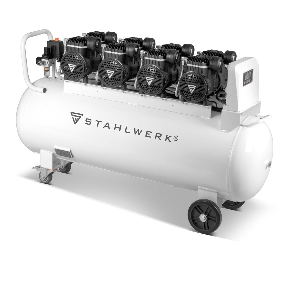 Steelworks Sıkıştırılmış Hava Kompresörü ST 1510 Pro, 10 bar, 150 L tank, 69 dB ve 4 aşınmayan fırçasız motorlar, toplam 8.68 hp / 6.400 watt'lık