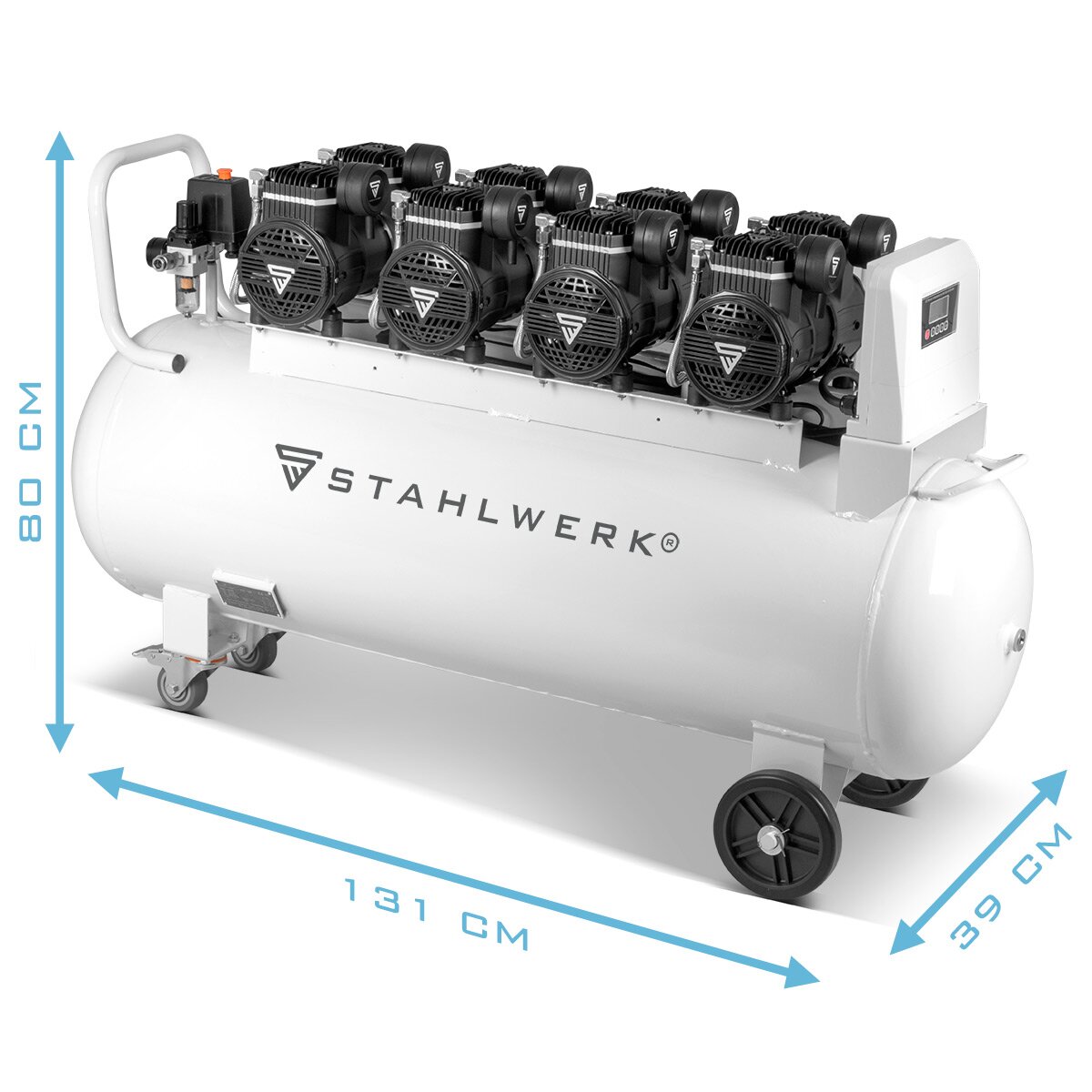 Steelworks Sıkıştırılmış Hava Kompresörü ST 1510 Pro, 10 bar, 150 L tank, 69 dB ve 4 aşınmayan fırçasız motorlar, toplam 8.68 hp / 6.400 watt'lık