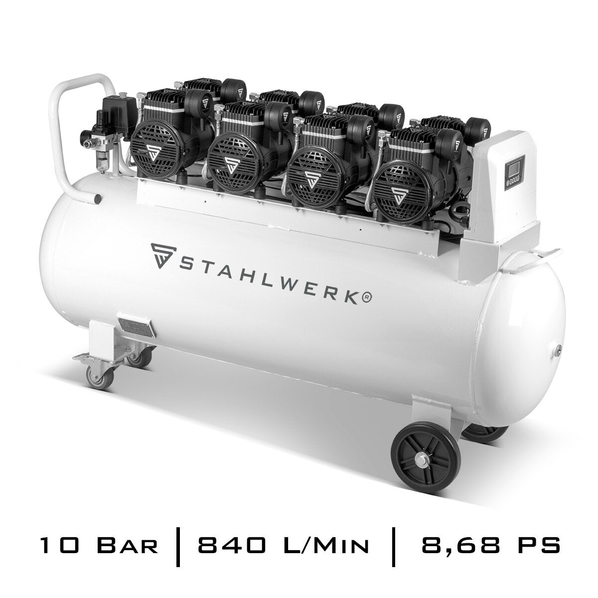 Steelworks Sıkıştırılmış Hava Kompresörü ST 1510 Pro, 10 bar, 150 L tank, 69 dB ve 4 aşınmayan fırçasız motorlar, toplam 8.68 hp / 6.400 watt'lık