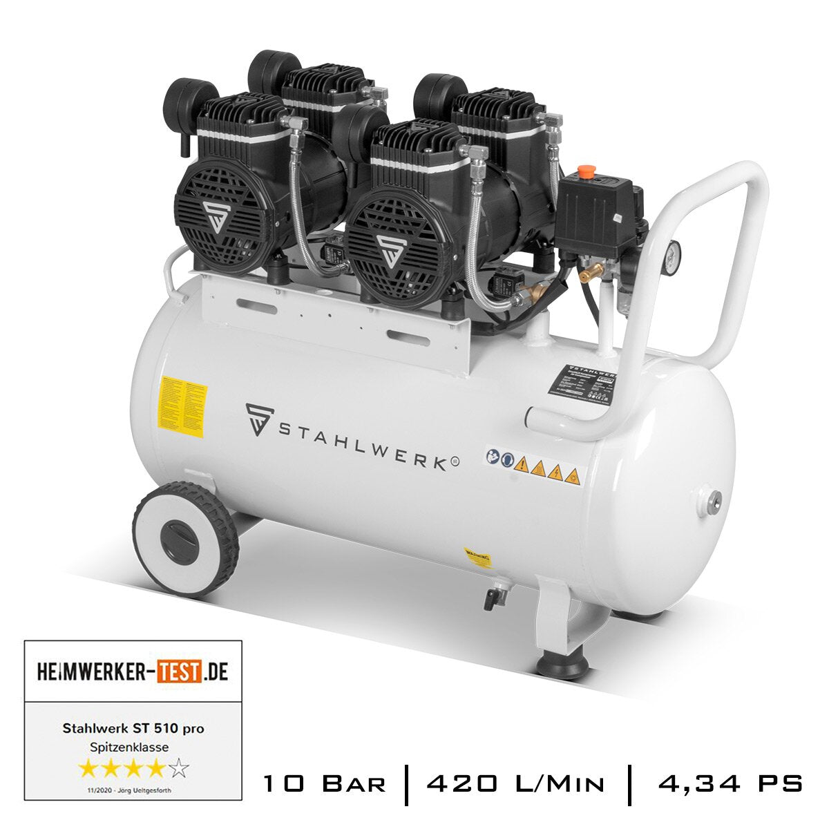 Compressore aria compresso in acciaio ST 510 per, compressore whisper con 10 bar, da 50 L, 69 dB e 2 motori senza spazzole senza usura con un'uscita totale di 4,34 CV / 3.200 watt