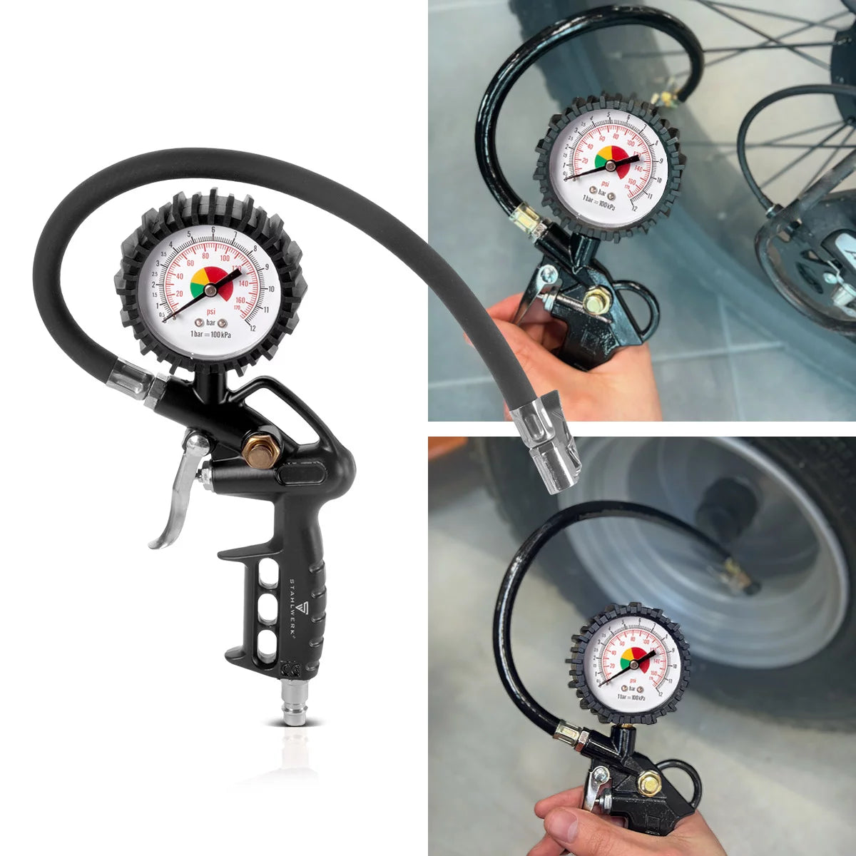 STAHLWERK Druckluftset 5-teilig |Druckluftwerkzeug inklusive Lackierpistole, Ausblaspistole, Reinigungspistole mit Behälter, Reifenfüller mit Druckmesser und 5 Meter Spiralschlauch zum Anschluss