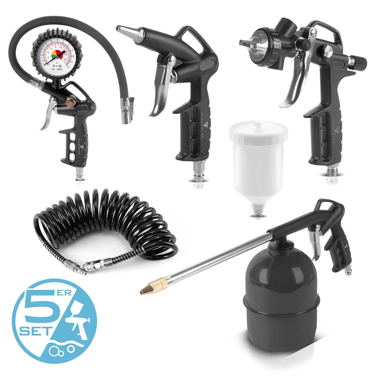 STAHLWERK Druckluftset 5-teilig |Druckluftwerkzeug inklusive Lackierpistole, Ausblaspistole, Reinigungspistole mit Behälter, Reifenfüller mit Druckmesser und 5 Meter Spiralschlauch zum Anschluss