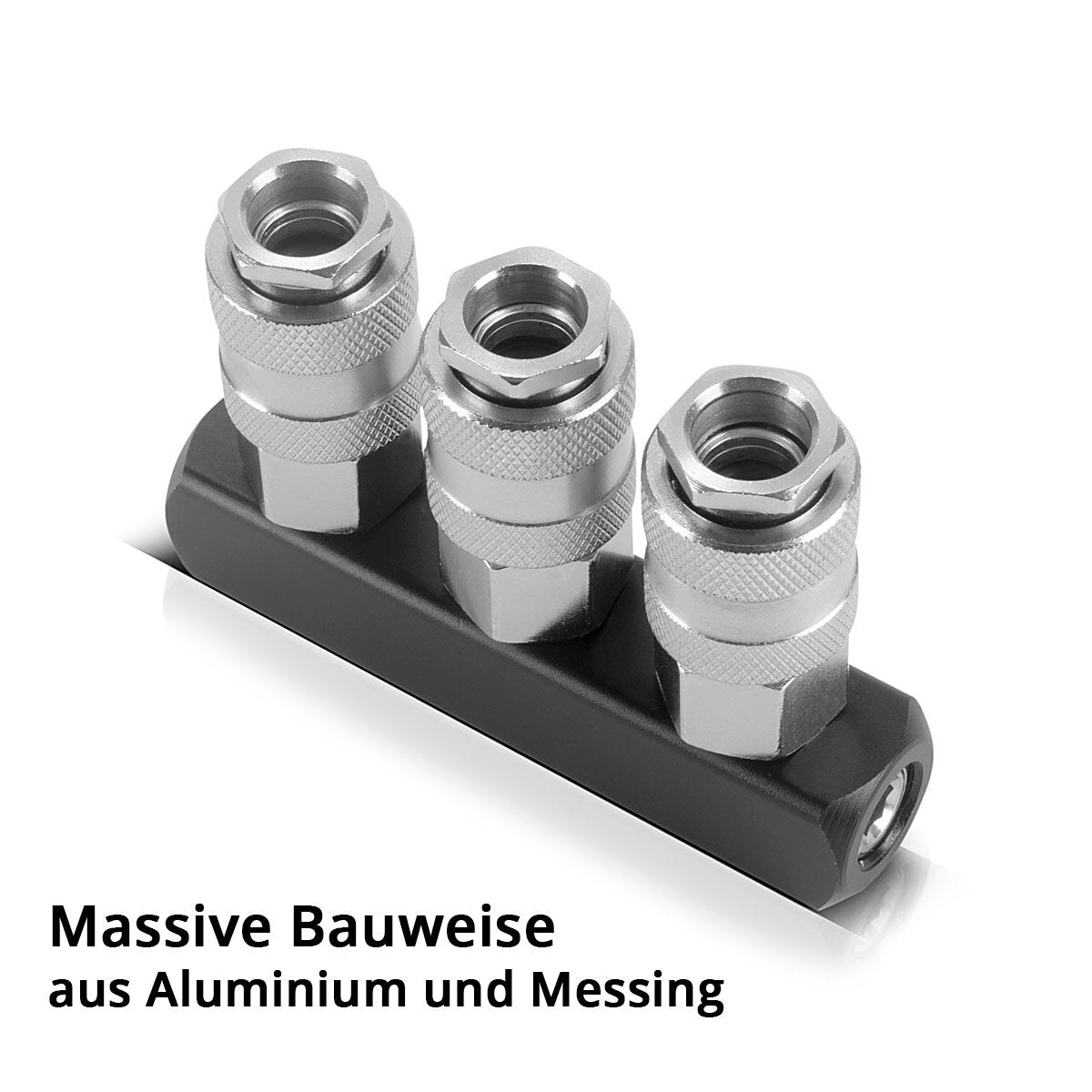 STAHLWERK 3-fach Druckluft-Verteiler | 3-Wege-Verteiler-Anschluss | Druckluft-Adapter | Pneumatik-Verteiler bis 35 bar mit Schnellkupplung NW 7.2 und 1/4 Zoll Anschlussgewinde für Druckluft-Kompressoren