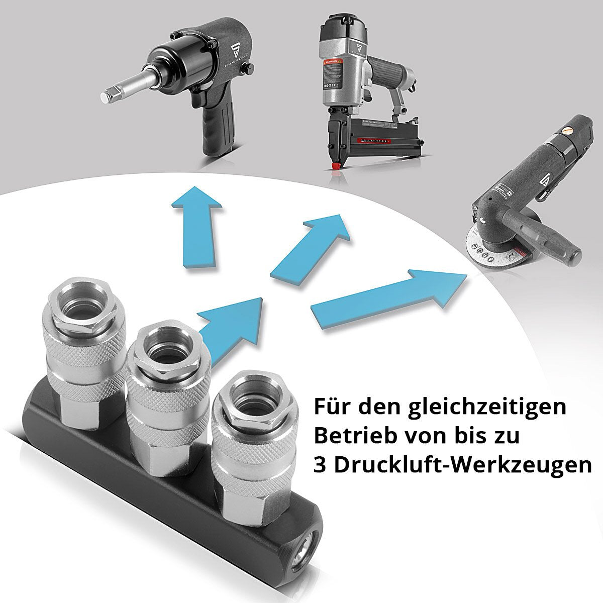 Steelworks 3-fold compressed air distributor | 3-way distributor connection | Compressed air adapter | Pneumatic distributor up to 35 bar with NW 7.2 and 1/4 inch connection thread for compressed air compressors