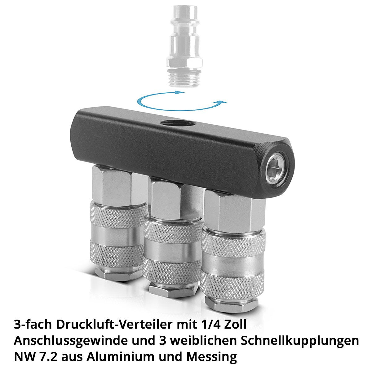 STAHLWERK 3-fach Druckluft-Verteiler | 3-Wege-Verteiler-Anschluss | Druckluft-Adapter | Pneumatik-Verteiler bis 35 bar mit Schnellkupplung NW 7.2 und 1/4 Zoll Anschlussgewinde für Druckluft-Kompressoren