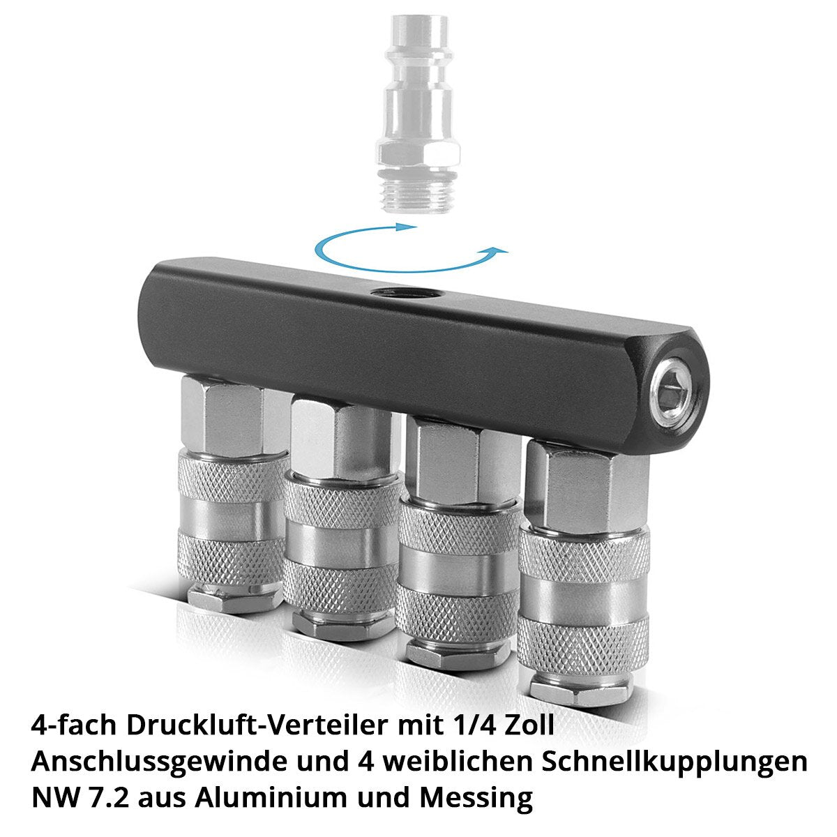 Steelworks Distributore ad aria compressa a 4 volte | Connessione del distributore a 4 vie | Adattatore d'aria compresso | Distributore pneumatico fino a 35 bar con thread di connessione NW 7,2 e 1/4 di pollice per compressori d'aria compressi