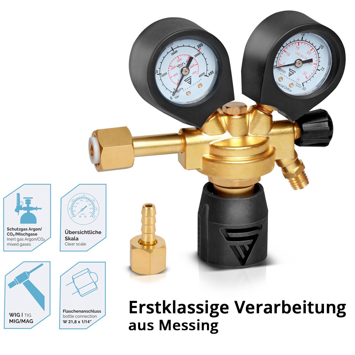 STAHLWERK Druckminderer ST-300 Pro bis 300 bar für Standard-Gasflaschen DIN EN ISO 2503 Druckregler aus hochwertigem Messing für Schweißgase, Mischgase und Schutzgase wie Argon | CO2 | Mix 18