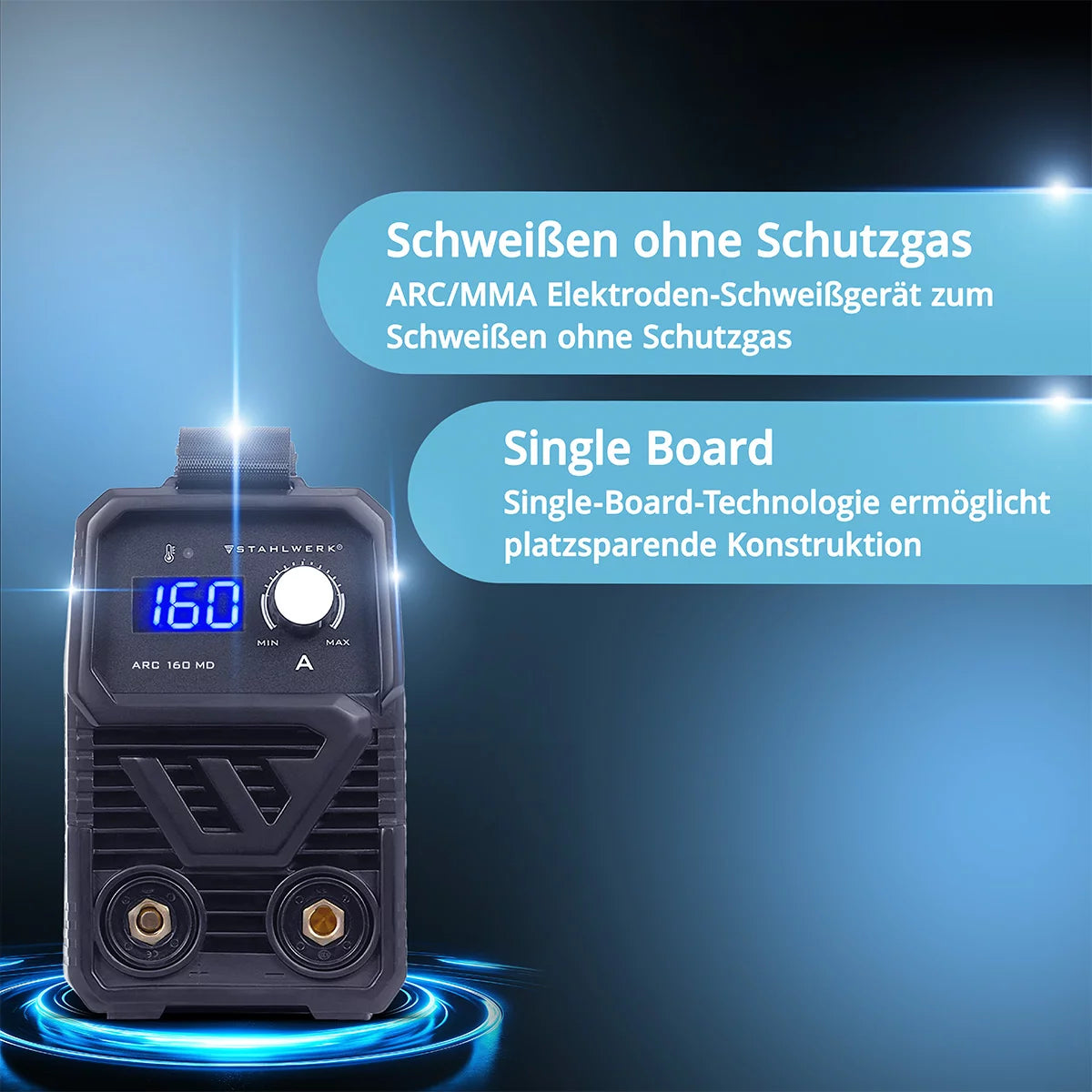 Poste de soudage à électrode entièrement équipé STAHLWERK ARC 160 MD - Soudeur DC MMA, E-Hand, Lift-TIG | Réglable en continu | Vrai 160 ampères | Très compact et léger | Démarrage à chaud, antiadhésif, refroidissement intelligent | Technologie IGBT