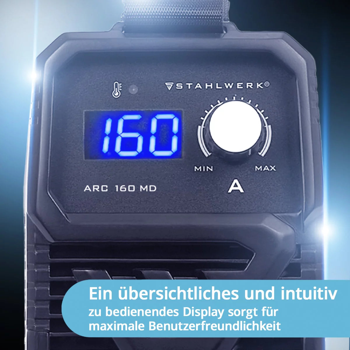 Poste de soudage à électrode entièrement équipé STAHLWERK ARC 160 MD - Soudeur DC MMA, E-Hand, Lift-TIG | Réglable en continu | Vrai 160 ampères | Très compact et léger | Démarrage à chaud, antiadhésif, refroidissement intelligent | Technologie IGBT