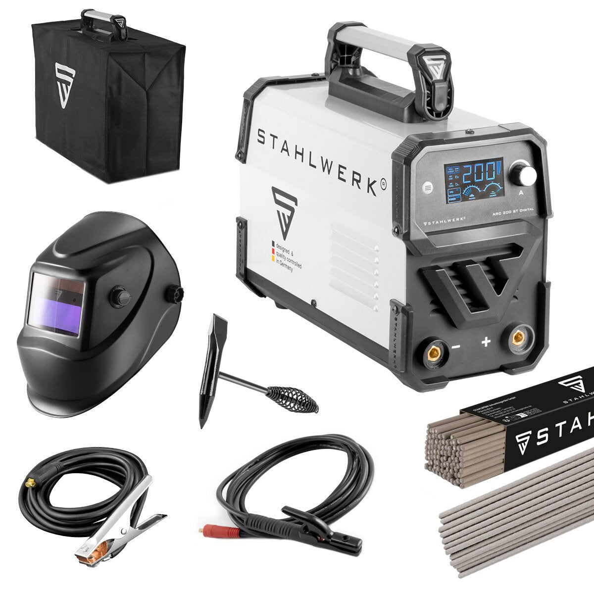 Steelworks welding machine ARC-200 ST Digital Full Equipment 200 A MMA electrode welding device | E-hand welding device | IGBT-Inverter with double board, lift-tig, smart cooling and overheating protection