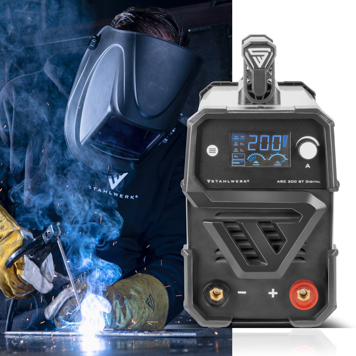 Steelworks welding machine ARC-200 ST Digital Full Equipment 200 A MMA electrode welding device | E-hand welding device | IGBT-Inverter with double board, lift-tig, smart cooling and overheating protection