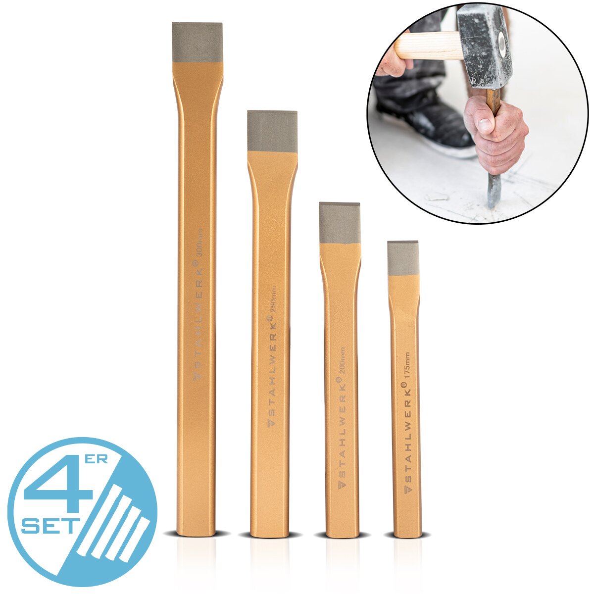 Steel mill Flachmeißel 4 Set Gold 175 | 200 | 250 | 300 mm hand chisel made of hardened steel for professional chisels of metal, stone, wood, concrete, tiles and plastics