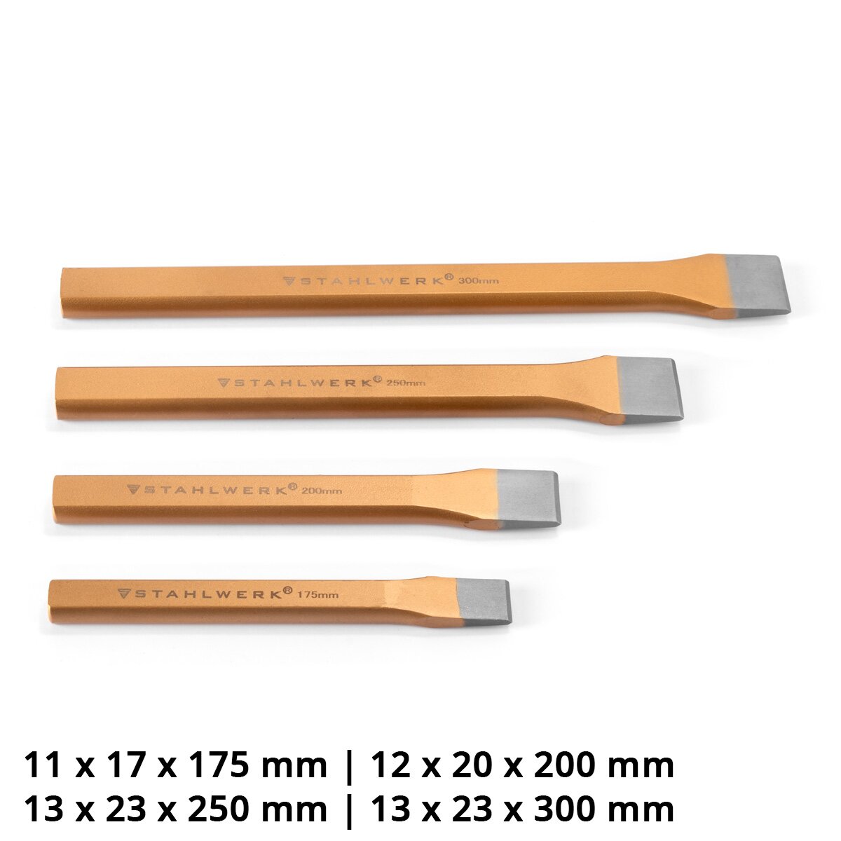 Steel mill Flachmeißel 4 Set Gold 175 | 200 | 250 | 300 mm hand chisel made of hardened steel for professional chisels of metal, stone, wood, concrete, tiles and plastics