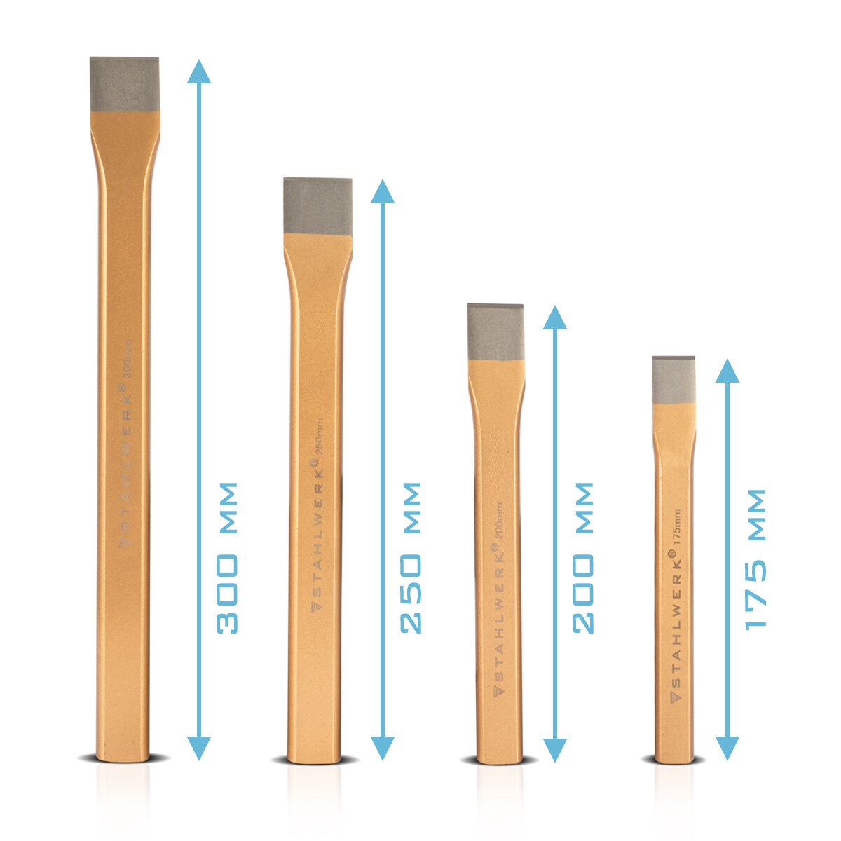 Steel mill Flachmeißel 4 Set Gold 175 | 200 | 250 | 300 mm hand chisel made of hardened steel for professional chisels of metal, stone, wood, concrete, tiles and plastics