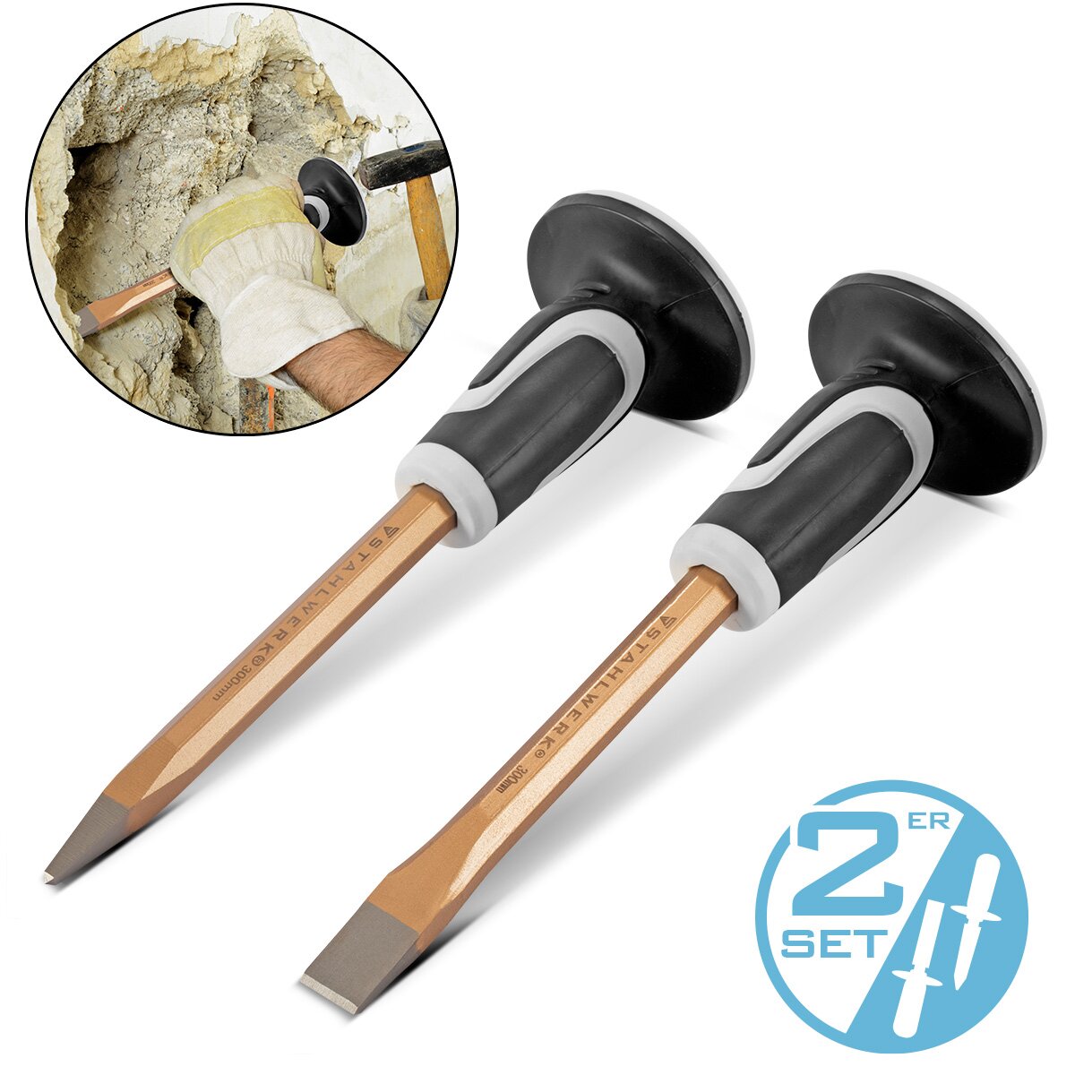 Steelwork Flachmeißel | Pointed chisel 2 Set Gold 300 mm Hand chisel made of hardened steel for professional chisels of metal, stone, wood, concrete, tiles and plastics