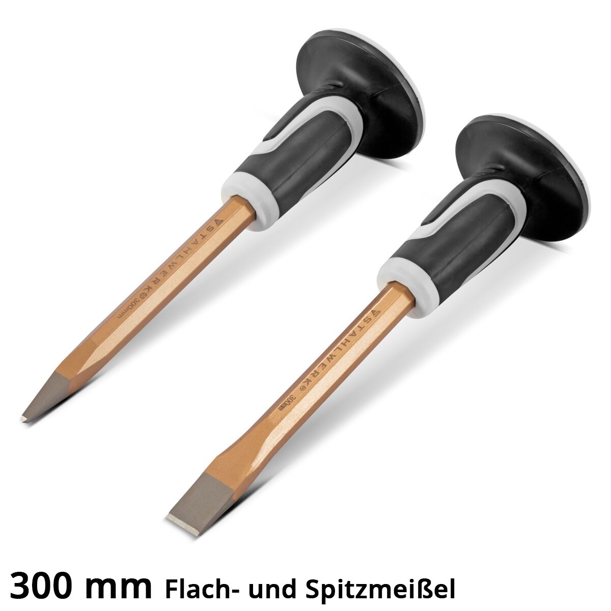 Steelwork Flachmeißel | Pointed chisel 2 Set Gold 300 mm Hand chisel made of hardened steel for professional chisels of metal, stone, wood, concrete, tiles and plastics